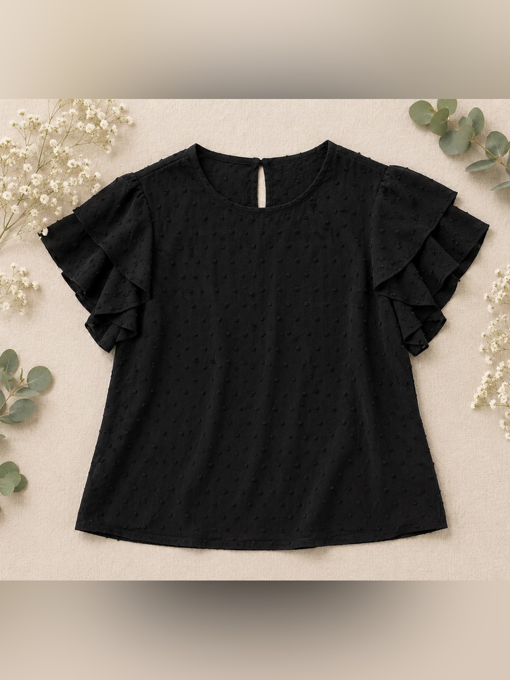 Black Swiss Dot Ruffle Sleeve Blouse | Sheer Textured Feminine Top